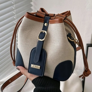 Bucket Bag Canvas And Faux Leather Contrast Color Drawstring Closure Retro Shoulder Crossbody Bag For Women Casual Daily