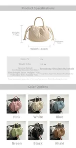 Detailed view of quilted faux leather bucket bags in pink blue white and khaki colors