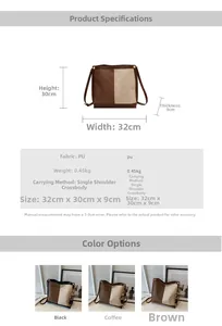 Detailed size and material chart for large capacity PU leather bicolor shoulder bucket bag