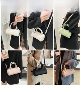 Mini pleated cylinder bags shown in white, green, pink, and black colors on models