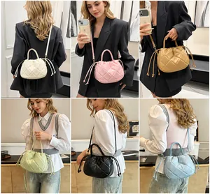 Detailed views of women's quilted crossbody bucket bags in six different colors