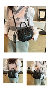 Detailed views of black quilted bucket bag with drawstring closure and chain strap