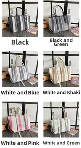 Detailed grid view of large striped canvas tote bags with leather handles in six colors
