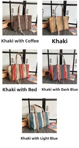 Detailed grid of striped canvas tote bags showing five stylish color combinations