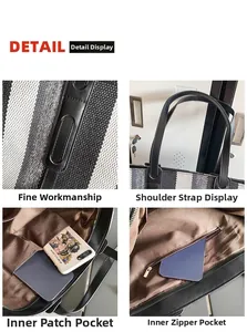 Detail view of striped tote bag showing durable stitching, leather straps, and inner pockets