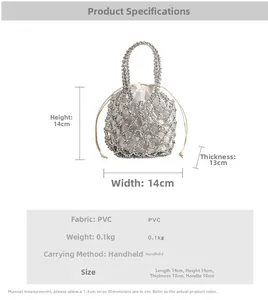 Detailed size chart for silver woven mesh tote bag with white canvas drawstring inner pouch