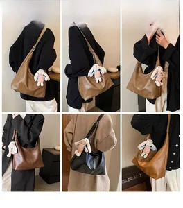 Detail shots of large retro PU leather tote bags in multiple colors with plush rabbit charms
