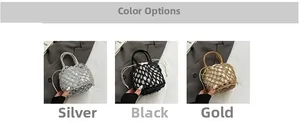 Three metallic crochet bucket bags in silver, black and gold with drawstring liners