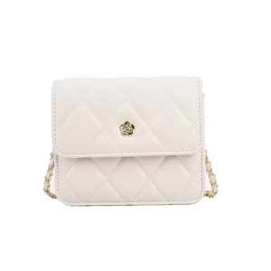 Elegant quilted flap chain bag in beige leather with golden camellia metal hardware