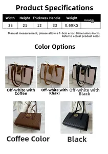 Size chart for casual PU tote bag showing dimensions 33x21x12cm and five color options