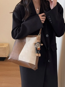 Large capacity canvas tote bag with brown leather trim and cute rabbit pendant charm