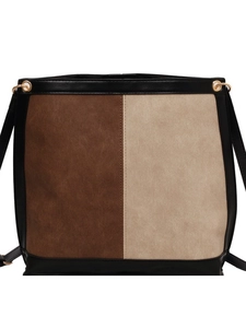 Fashionable large capacity bucket bag in brown and beige contrast leather with metal rings