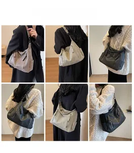 Collage of model wearing large hobo bags in coffee, beige, and black colors