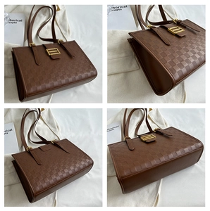 Detail shots of a brown embossed plaid tote bag with gold hardware and shoulder straps