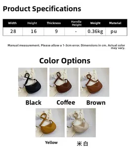 Detailed size chart and specifications for the PU leather crossbody bag in five colors