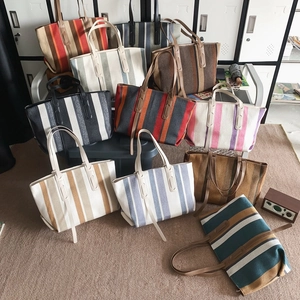 Vertical striped canvas tote bags for women in various colors with large capacity design