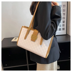 Detail of white checkered tote bag featuring khaki trim and a gold metallic buckle closure