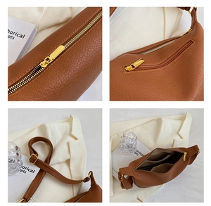 Detail views of brown lychee leather bag showing gold hardware and spacious interior