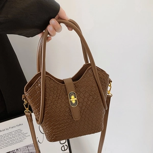 Sac Seau en Cuir PU Tissé pour Femmes Sac à Main Couleur Unie Minimaliste Avec Fermeture à Torsion Métallique