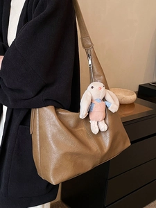 Large capacity vintage brown faux leather tote bag with cute rabbit pendant for women