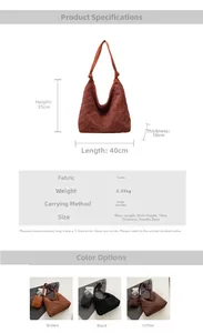 Quilted suede tote bag specifications showing dimensions forty by thirty-five centimeters