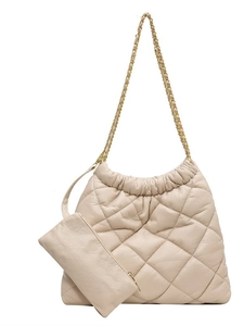 Chic quilted beige hobo tote bag with chain strap and matching mini pouch wallet