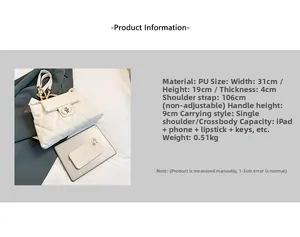 Detailed size specifications for white quilted chain tote bag 31x19x4cm showing capacity