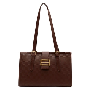 Fashionable dark brown checkered tote bag with gold buckle and large capacity
