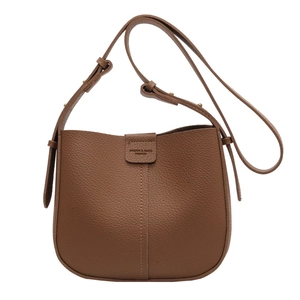 Brown lychee leather crossbody bag with U-shaped design and adjustable shoulder strap