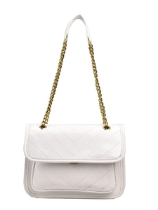 White quilted crossbody bag with gold chain strap and elegant V-stitch pattern