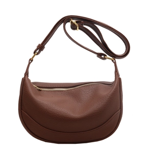 Brown lychee leather crescent shoulder bag with golden zipper and adjustable strap
