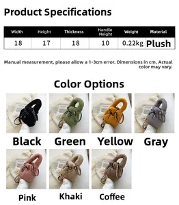 Detail showing plush bucket bag dimensions and seven vibrant color options for selection