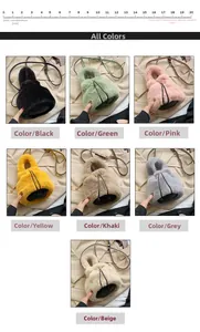 Detail view of colorful plush bucket bags with drawstring closure and leather straps