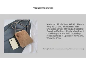 Detail showing plush crossbody phone bag dimensions 18x23x4cm with adjustable strap