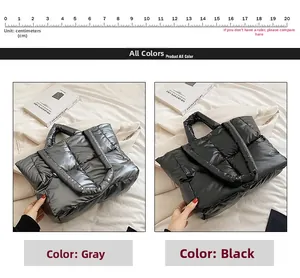 Close-up of quilted down fabric tote bags in grey and black with soft padded texture