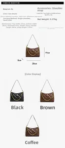 Detailed size chart for quilted shoulder bag with chain strap and multiple color options