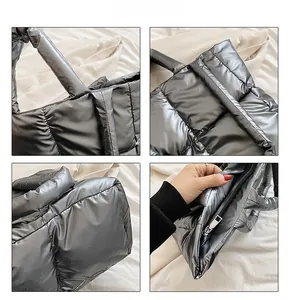 Detailed views of metallic silver quilted tote with zipper closure and diamond stitching