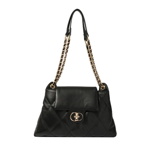 Classic black quilted leather tote bag with gold chain strap and circular metal buckle