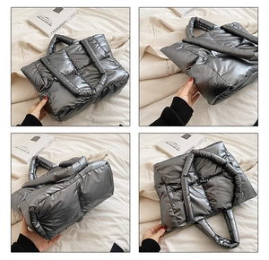 Detailed views of a silver quilted puffer tote bag with square stitching and soft handles
