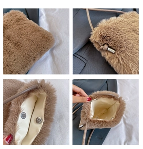 Detail view of brown plush crossbody bag featuring magnetic closure and leather strap