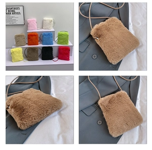 Detail view of mini faux fur crossbody bags in multiple colors with plush texture finish