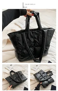 Detail of black quilted puffer tote bag with glossy waterproof fabric and shoulder strap