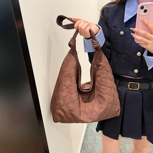 Brown quilted suede hobo bag with knotted handle for women, autumn crossbody style