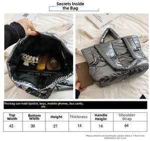 Detailed size chart for silver padded puffer tote bag showing capacity and dimensions