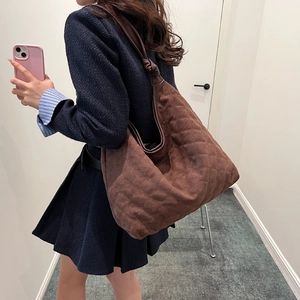 Brown quilted faux suede hobo shoulder bag with large capacity for casual commute
