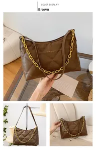 Macro detail of brown quilted shoulder bag with gold chain and smooth PU leather texture