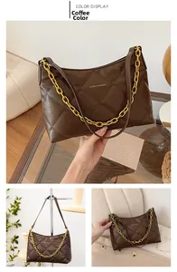 Macro detail of brown quilted crossbody bag with gold chain and Sunita logo