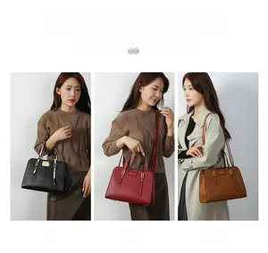 Three-way display of embossed leather handbags in black, red, and brown styles