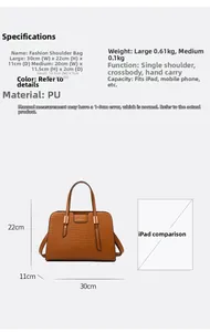 Brown embossed leather tote size 30x22x11cm showing capacity for iPad and daily essentials