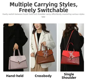 Three-way carry handbag set with embossed faux crocodile leather and metallic lock